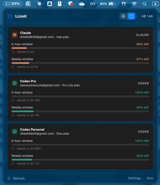 LLimit menu bar popover showing Claude and Codex usage